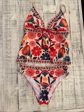 Floral Print Two-Piece Tankini Set - Cream base with Multicolor Flowers